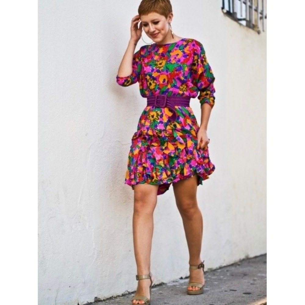 Gillian Vintage 80s Floral Silk Drop Waist Mini Dress Women 12 Blue Ruffle Flowy